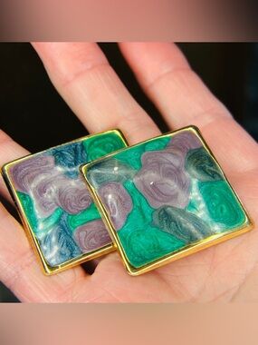 Vintage 1980’s Abstract Green and Purple Enamel Pierced Earrings with Gold Trim